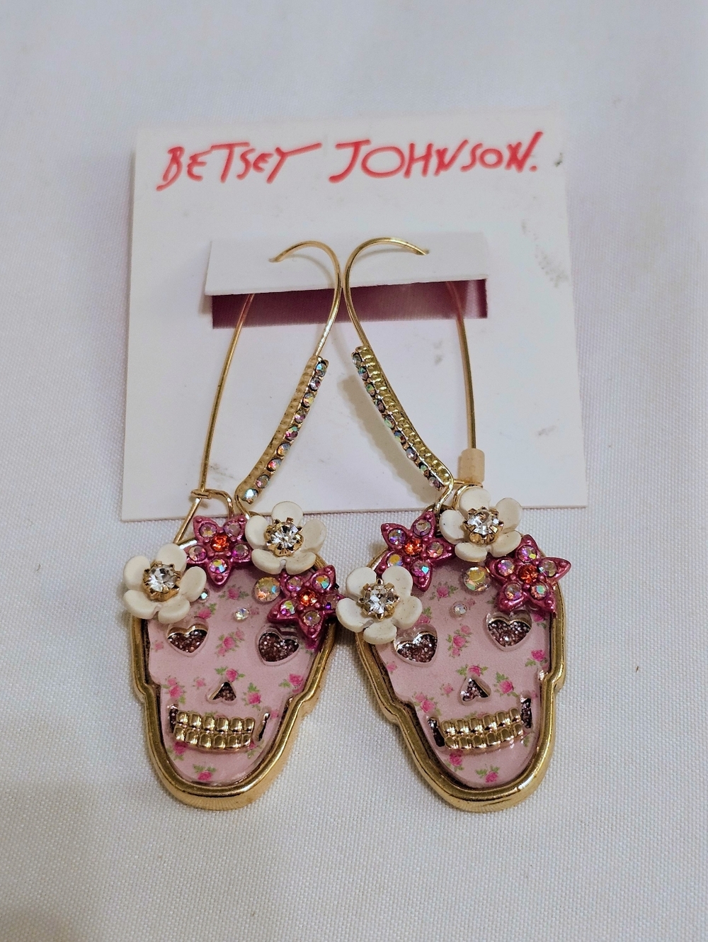 Betsey Johnson Pink Flower Dia De Los Muertos Sugar Skull Earrings NWT